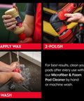 Three Inch Red Foam Waxing Pads for Car Detailing Polishing and Buffing shown in use; applying wax, polishing with orbital polisher, washing pad.