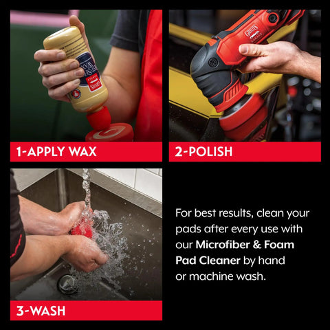 Three Inch Red Foam Waxing Pads for Car Detailing Polishing and Buffing shown in use; applying wax, polishing with orbital polisher, washing pad.
