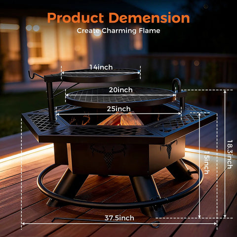 2 In 1 Backyard Fire Pit And Grill For Outdoor Gatherings, hexagonal wood burning patio fire pit with integrated grill, 37.5 inch