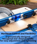 Router table with blue fence and Pro Grade T Track Knob Kit Set With Plastic Star Knobs And Bolts Quarter Inch By Twenty Threads.