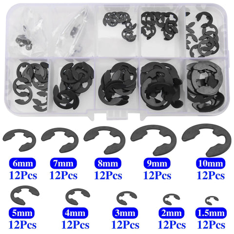 Image of a Must Have E Clip Kit 120Pcs External Circlips Snap Rings Set 1.5mm To 10mm with twelve pieces each, in a plastic case.
