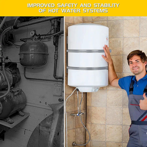 Expansion Tank Mounting Bracket Set With 2 Hot Water Heater Support Straps For One To Five Gallon Tanks DIY Friendly Rugged Heavy Duty Wall Mount Brackets RV Propane Tank Holder Safe Secure Home Water System Install mounted on wall with expansion tank