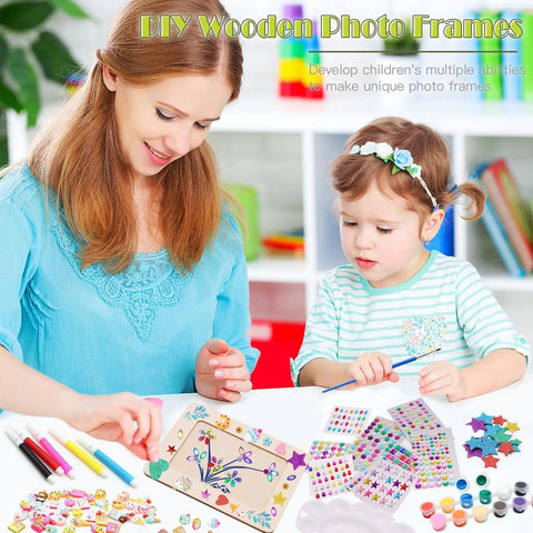 Mother and child using DIY Wooden Picture Frame Craft Kit With 24 Blank Frames, Paint Set With 12 Colors And 2 Brushes