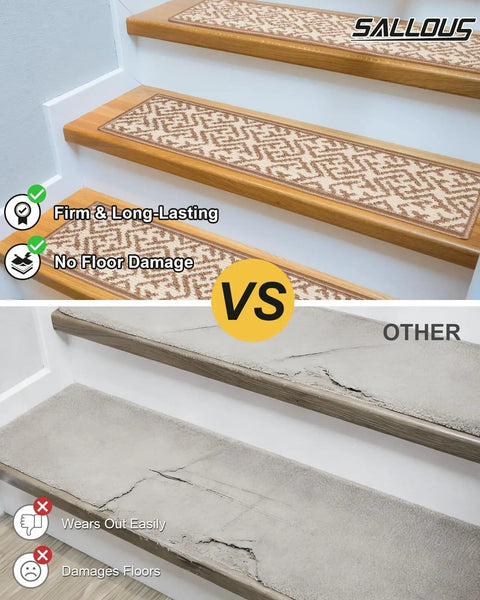 Comparison of carpeted stairs with firm, long-lasting non slip tread vs. cracked concrete stairs. Non Slip Stair Treads Tape Set Of 15 7 By 30 Inches For Indoor Outdoor Steps Elder Safe Grippy Strips Waterproof Odorless PVC Free Dark Gray Traction Tape For Home Stairs.