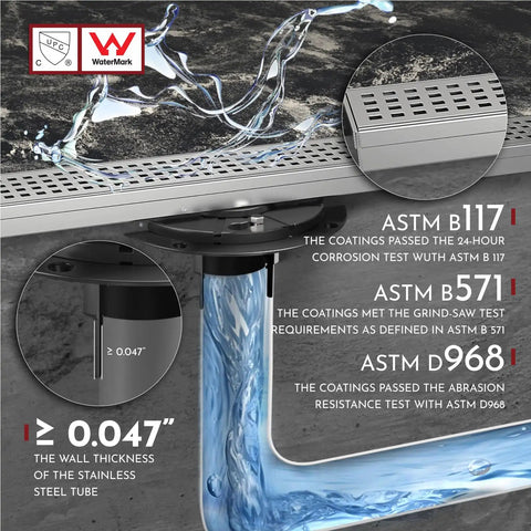12 Inch Linear Shower Drain With Square Hole Grate Cover Rectangular Stainless Steel Floor Drain Removable Grate SUS304 CUPC Certified Brushed Finish Fits Standard No Hub Bases Easy Clean with water flow test and thickness measurement