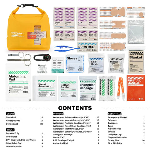 Waterproof Boat First Aid Kit with Lightweight Dry Bag for Kayak and Outdoor Adventures featuring emergency supplies in yellow.