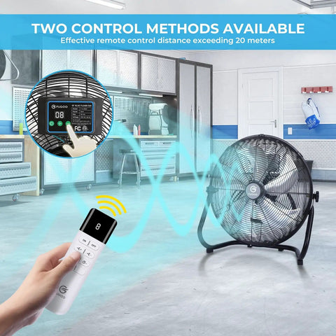 18 Inch High Velocity Floor Fan With Remote Control, 8 Speeds, Quiet BLDC Motor, Tilt Head, Metal Housing, 4000 CFM Airflow, in use