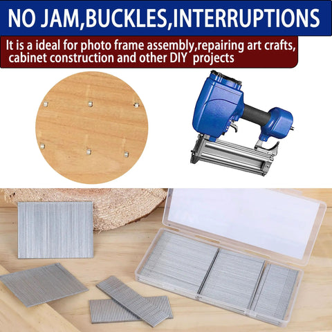 Top Shelf 16 Gauge Galvanized Finish Nails In Four Sizes From One To Two And Half Inches Corrosion Resistant Hardware 1200 Count Bulk Pack displayed with stapler and fasteners.