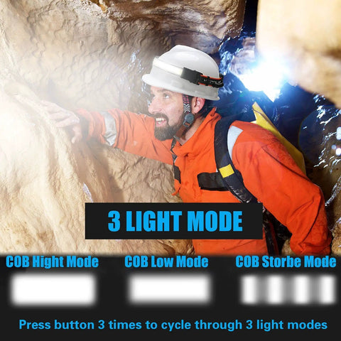 Person caving with Rechargeable 2 LED Headlamp With Wide Beam And Red Tail Light For Adults And Kids, displaying 3 light modes