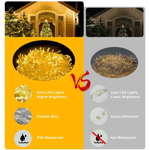 Comparison of Outdoor 1000 LED Christmas Lights 405 Ft Waterproof String With Remote And Timer 8 Modes Plug In Warm White vs standard lights highlighting brightness, flexibility, and waterproof features.
