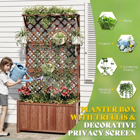 Raised Garden Bed With Trellis For Veggies And Climbing Plants, Durable Natural Wood Planter Box With Drainage Holes