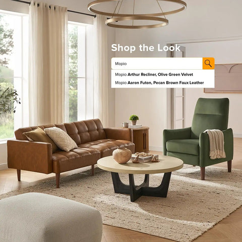 Arthur Recliner Chair With 3 Position Recline Olive Green Velvet in a modern living room setting with sofa and coffee table.
