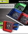 Collapsible Magnetic Parts Tray Set With 3 Foldable Silicone Bowls, 4.25 Inch Square Magnetic Base shown with screws and bolts