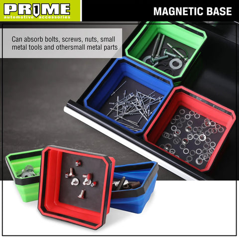 Collapsible Magnetic Parts Tray Set With 3 Foldable Silicone Bowls, 4.25 Inch Square Magnetic Base shown with screws and bolts