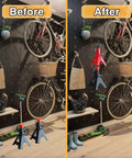 Aucuqu 4-pack wall-mount jack stand organizers on a dark pegboard wall; two mounted, two on the floor (before/after).