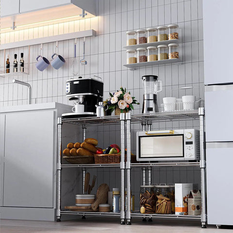 450 Lb Wire Storage Shelving Rack 3 Tier Steel Organizer For Home Kitchen Office Chrome Finish Sturdy Metal Shelving Unit installed in kitchen