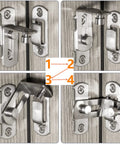 Four views of a 90 Degree Stainless Steel Sliding Door Latch For Barn Doors And Cabinets, Safety Locking Mechanism, installed on wooden doors.