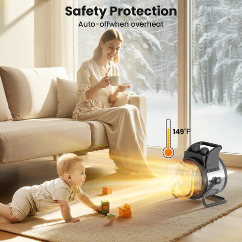 Portable 1500W PTC Ceramic Space Heater With Thermostat And 90 Degree Adjustable Angle in living room, heating area shown