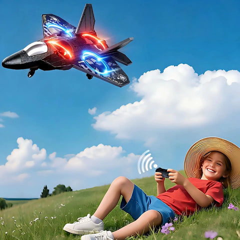 Child playing with Remote Control Airplane For Kids And Beginners With LED Lights 360 Degree Flips And Stunts Fighter Jet RC Plane Gift