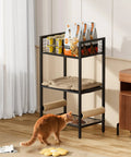 Four In One Cat Furniture Stand With Scratching Post Dual Feeding Bowls Cozy Bed Platform And Built In Storage Organizer For Small Spaces Matte Black Cat Tower shown with orange cat.