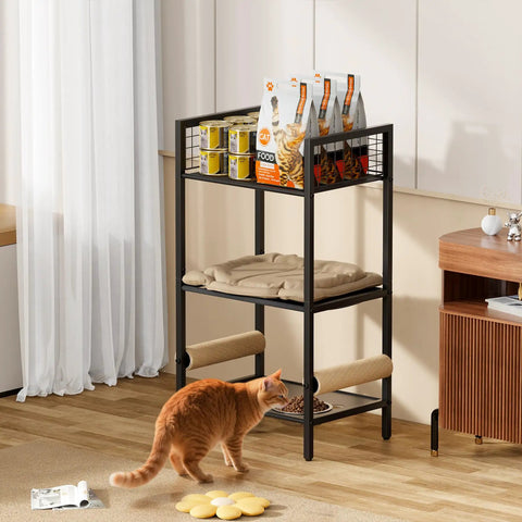 Four In One Cat Furniture Stand With Scratching Post Dual Feeding Bowls Cozy Bed Platform And Built In Storage Organizer For Small Spaces Matte Black Cat Tower shown with orange cat.