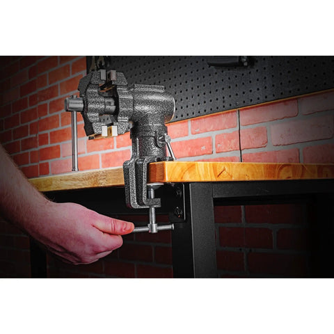 Portable Clamp-On Third Hand Vise With One And A Half Inch And Two And A Half Inch Jaws That Rotates And Swivels. Clamp secures to table edge.