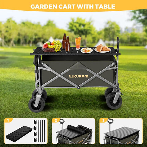 All Terrain Collapsible Wagon Cart With Removable Tabletop set up outdoors, showing large wheels, extended tailgate, and tabletop.