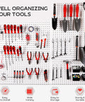 300 Piece Pegboard Hooks Kit With Bins For 1/8 And 1/4 Inch Pegboards All In One Tool Organizer displayed with tools