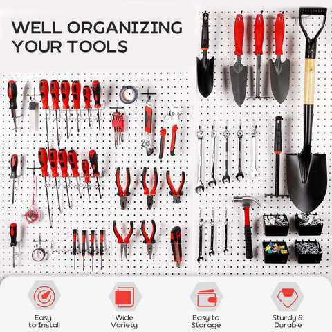 300 Piece Pegboard Hooks Kit With Bins For 1/8 And 1/4 Inch Pegboards All In One Tool Organizer displayed with tools