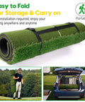 Rolled Durable 5x4ft Dual Turf Golf Hitting Mat with Ball Tray for easy indoor and outdoor practice portability.