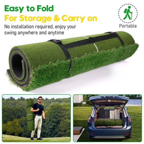 Rolled Durable 5x4ft Dual Turf Golf Hitting Mat with Ball Tray for easy indoor and outdoor practice portability.