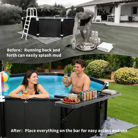 Swim Up Poolside Bar Table For Above Ground Pools, 49 by 9.6 Inches Rust Free ABS Top, Holds Up To 110 Lbs, in-use by pool.
