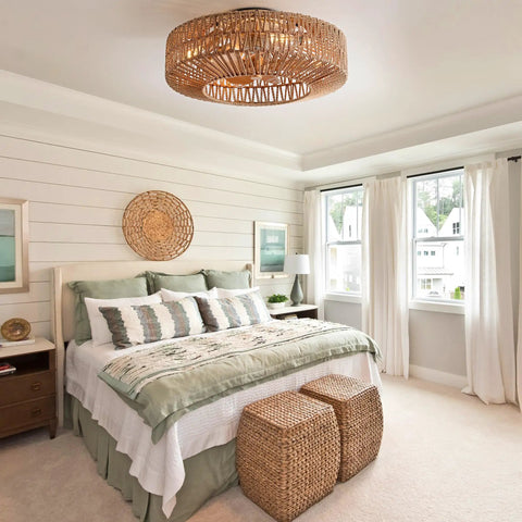 Bedroom with Boho Caged Fandelier With Lights Flush Mount Ceiling Fan With Remote Control Rattan Enclosed Ceiling Fan