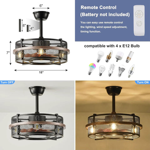 Farmhouse Style Ceiling Fan With Light Remote Control Reversible Bladeless Design 3 Speed Settings 1 2 4 Hour Timer Fandelier Classic