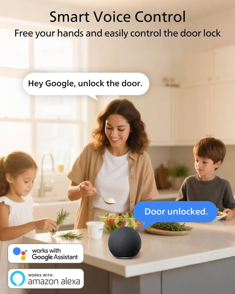 Family using voice control with smart speaker for Wi-Fi Smart Door Lock With Handle Set And Keypad Deadbolt For Front Door
