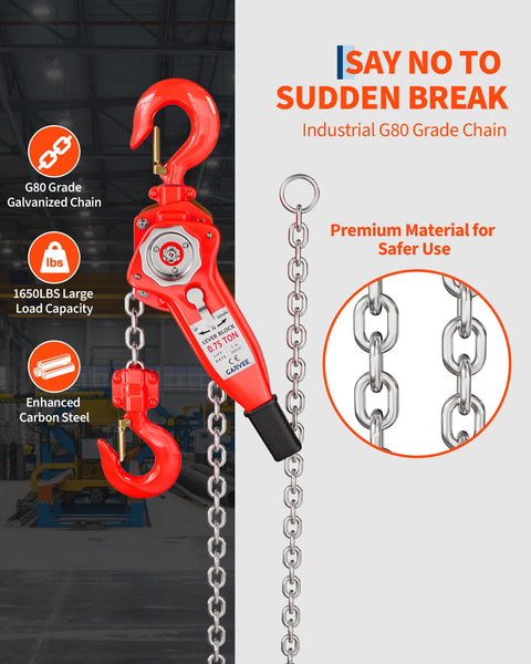 Beefed Up Heavy Duty Manual Chain Hoist Three Quarter Ton 1650 Lbs With 10 Ft Lever Block in red with G80 grade chain.