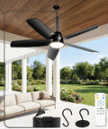 36 Inch Outdoor Ceiling Fan With Light And Remote, Wet Rated For Patios And Porches, black 5-blade fan in backyard setting.