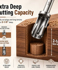 Bulletproof Six Piece Woodworking Dowel Plug Cutter Set For Plowing Through Thick Lumber and Snapping Tenons shows tool cutting 2-1/8" deep.