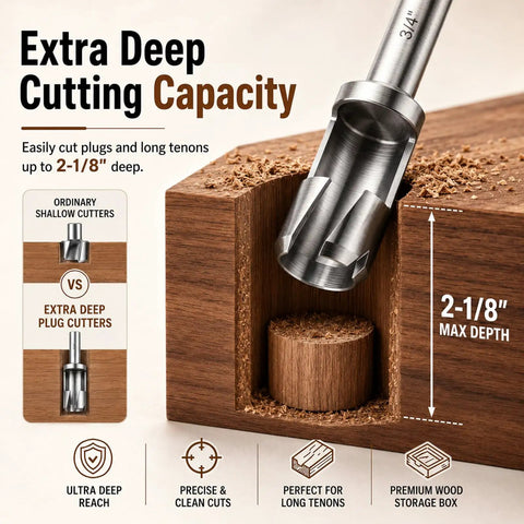 Bulletproof Six Piece Woodworking Dowel Plug Cutter Set For Plowing Through Thick Lumber and Snapping Tenons shows tool cutting 2-1/8" deep.