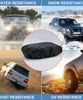 Heavy Duty Winch Cover For 8500 To 17500 Lb Models waterproof and dustproof, shown in water and snow resistance scenarios.