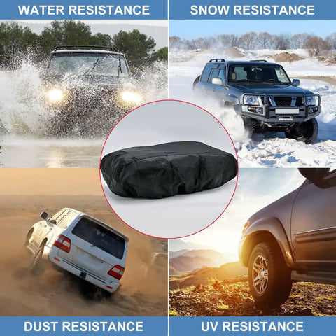 Heavy Duty Winch Cover For 8500 To 17500 Lb Models waterproof and dustproof, shown in water and snow resistance scenarios.