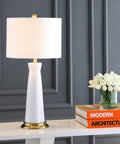 White And Brass Modern Ceramic Column Table Lamp With Gold Base, Sleek Bedside Light For Living Room Or Bedroom, White Linen Shade