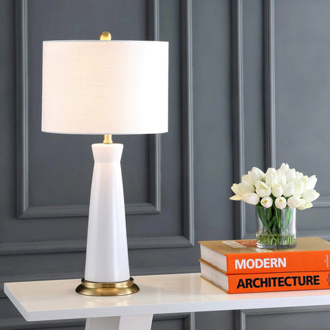 White And Brass Modern Ceramic Column Table Lamp With Gold Base, Sleek Bedside Light For Living Room Or Bedroom, White Linen Shade