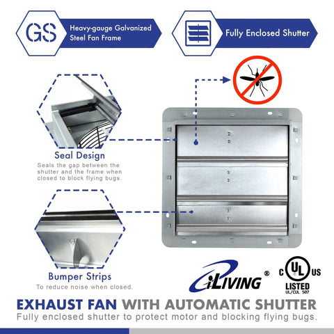 10 Inch Wall Mounted Exhaust Fan With Automatic Shutter And Variable Speed For Attic Shed Or Garage Ventilation 820 CFM 1200 Sq Ft Coverage No Brainer Energy Saving Cooling Ready To Install Cord Not Included with steel frame and seal design