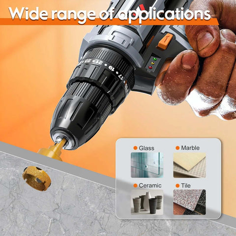 Diamond drill bit set with hollow hole saws, 12 pcs, 1/4–2 in, suction cup guide jig for glass, ceramic, tile, marble