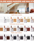 No Sweat Scratch Fix Kit 18 Color Wood Markers Plus Fillers For Furniture Laminate Hardwood Floors Cabinets Doors Quick Stain Match Include Scraper And Towel displaying 18 color markers and wax sticks for wood repair.