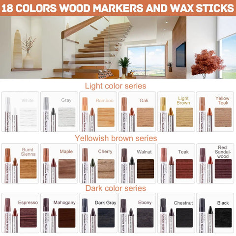 No Sweat Scratch Fix Kit 18 Color Wood Markers Plus Fillers For Furniture Laminate Hardwood Floors Cabinets Doors Quick Stain Match Include Scraper And Towel displaying 18 color markers and wax sticks for wood repair.