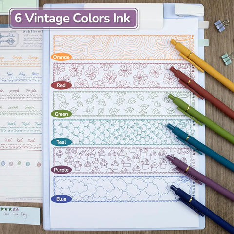 Six Pack Gel Ink Pens With 0.5mm Fine Point, Smooth Flow For Journaling And Note Taking, Color Coded Set On Paper