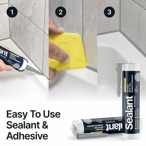 Application of Light Gray Kitchen And Bathroom Sealant And Adhesive Hybrid Polymer That Outperforms Silicone Caulk Waterproof Odorless Paintable Built For Boss Level Grout Lines Around Tub Shower And Kitchen 300ml 1 Pack on bathtub and tiles.