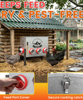 Heavy Duty Automatic Chicken Feeder With Clear Window And Eight Wide Ports For Zero Mess Coop Care, showing feed ports and locking latch.
